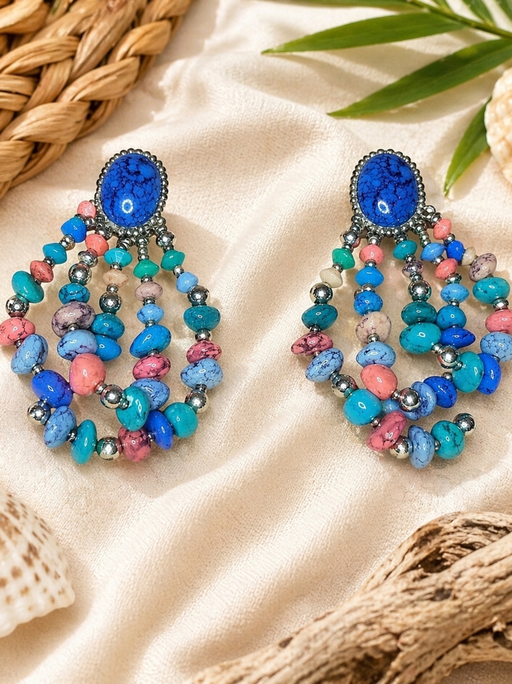 Vintage Colorful Faux Stone Bead Loop Earrings Statement Dangle Post Earrings